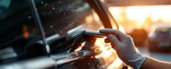 Un technicien applique un film teinté sur la vitre d'une portière de voiture dans un atelier, gros plan sur les mains gantées et la raclette, lumière douce et reflets métalliques, tons noirs et gris.