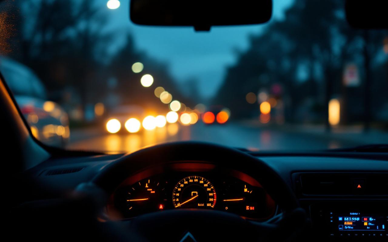 Intérieur d’une Citroën C3 essence avec le voyant moteur allumé sur le tableau de bord, ambiance réaliste de panne automobile.