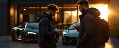 Deux influenceurs automobiles comparent des détails près de deux supercars et d’un garage de luxe, dans une ambiance éditoriale haut de gamme.