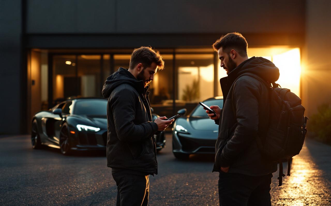 Deux influenceurs automobiles comparent des détails près de deux supercars et d’un garage de luxe, dans une ambiance éditoriale haut de gamme.
