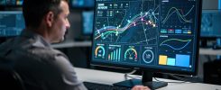 Gestionnaire de parc analysant des tableaux de bord de flotte automobile sur un écran, avec cartes, indications de kilométrage et taux d’utilisation