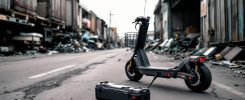 Scooter urbain électrique avec sa batterie posée à côté, près d’un ferrailleur, ambiance de reportage réaliste.