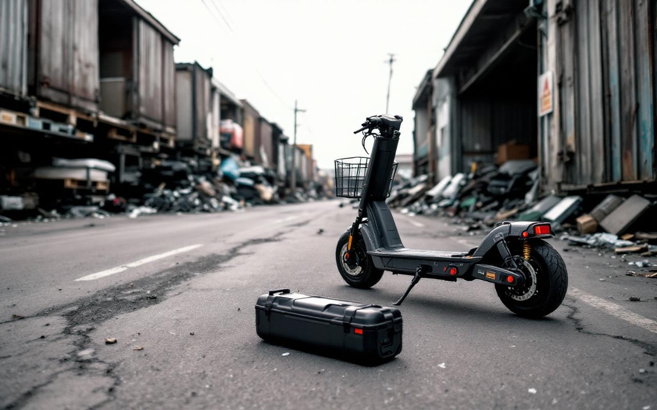 Scooter urbain électrique avec sa batterie posée à côté, près d’un ferrailleur, ambiance de reportage réaliste.