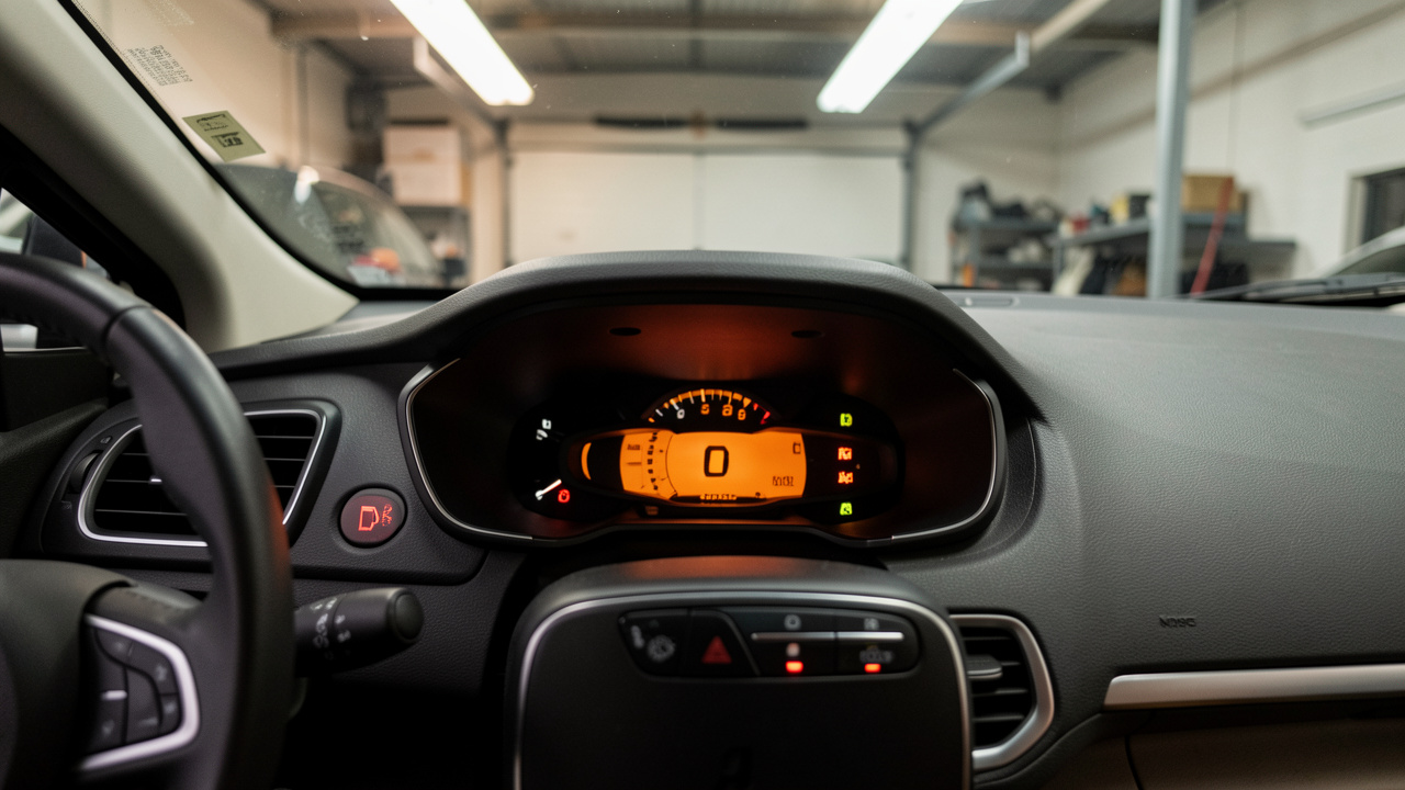 Vue rapprochée du tableau de bord d’une voiture Renault dans un garage réaliste, avec un voyant moteur orange allumé et une alerte liée à l’injection.