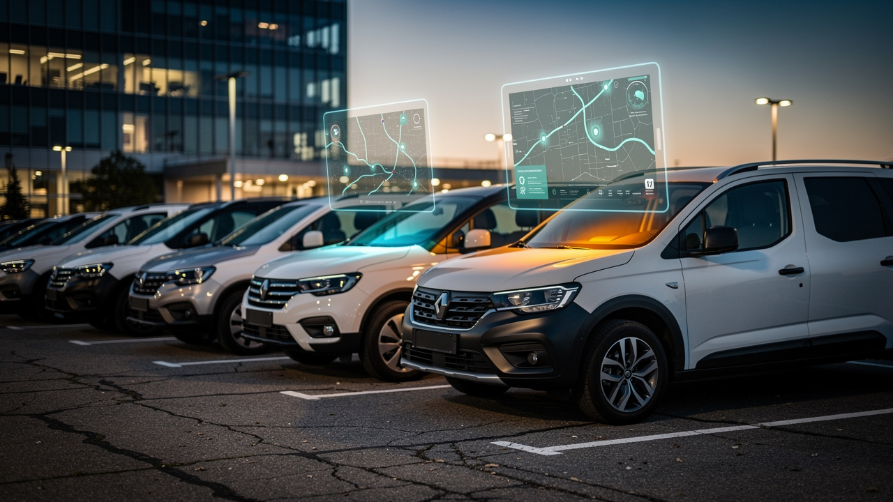 Des véhicules professionnels stationnés dans le parking d’une entreprise, avec une visualisation télématique et des points GPS en surimpression lumineuse.