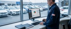 Un gestionnaire de flotte consulte un tableau de bord automobile dans une salle moderne, tandis que des véhicules d’entreprise sont alignés sur un parking.