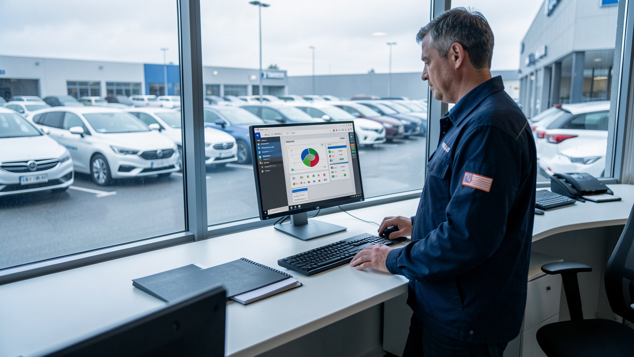 Un gestionnaire de flotte consulte un tableau de bord automobile dans une salle moderne, tandis que des véhicules d’entreprise sont alignés sur un parking.