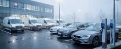 Parking d’entreprise moderne avec utilitaires, berlines et bornes de recharge électriques, éclairage professionnel et atmosphère de matin brumeux.