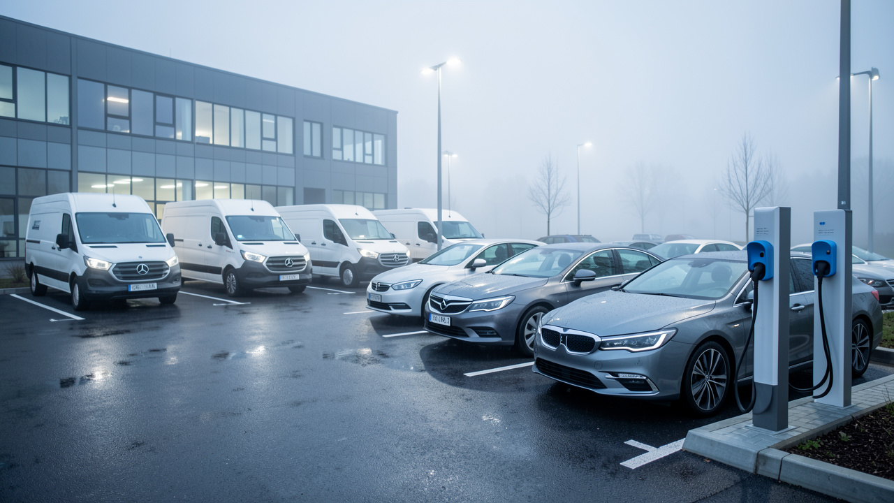 Parking d’entreprise moderne avec utilitaires, berlines et bornes de recharge électriques, éclairage professionnel et atmosphère de matin brumeux.