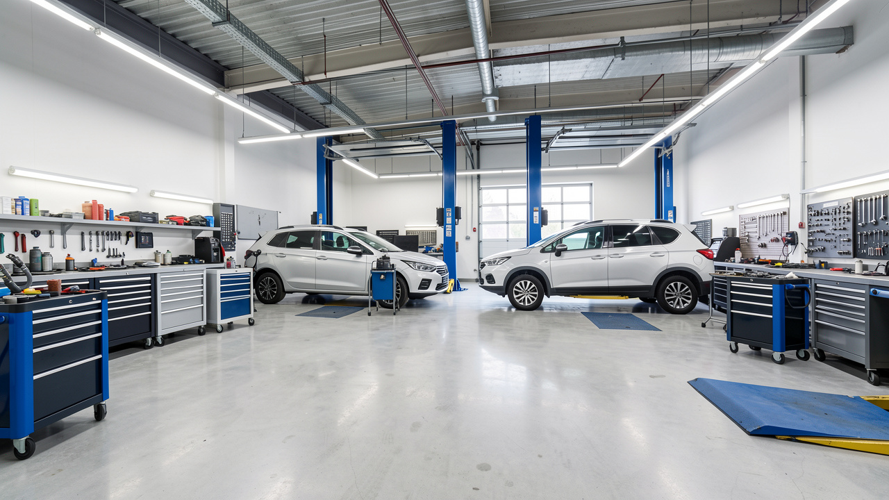 Atelier automobile moderne et organisé avec deux véhicules en maintenance, des établis, des chariots d’outils et un éclairage industriel.