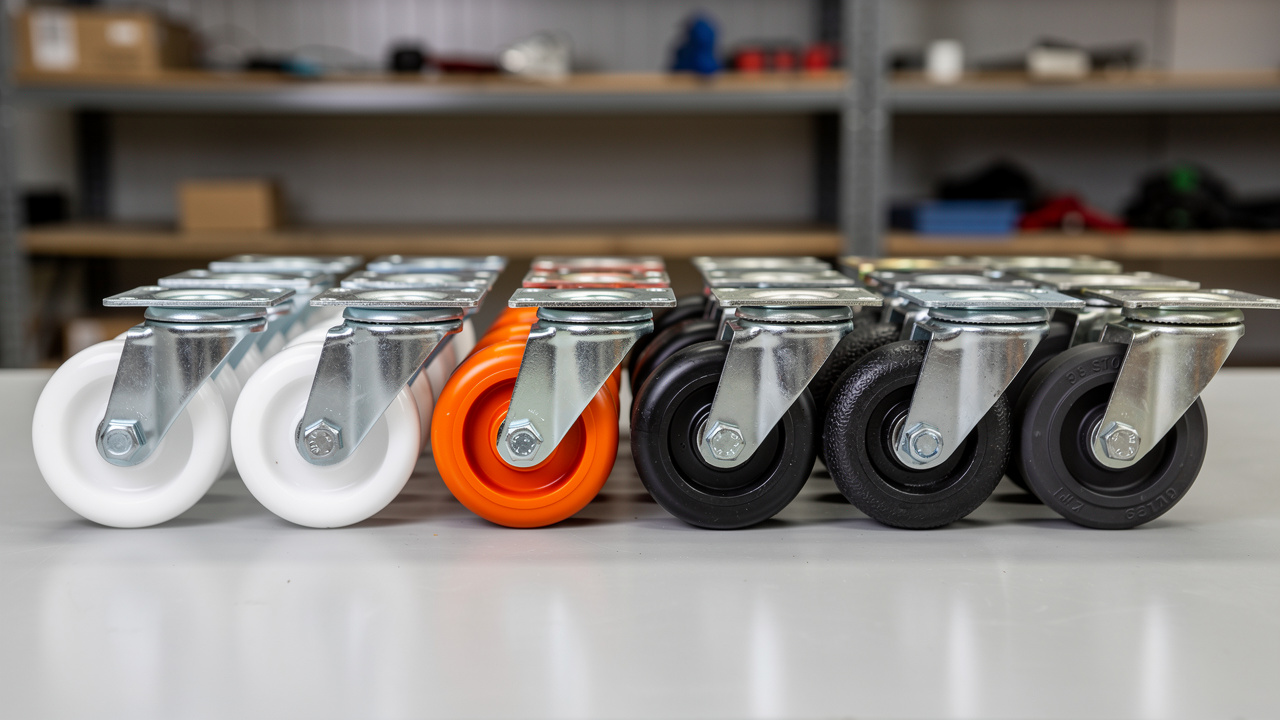 Comparaison visuelle de roulettes industrielles fixes et pivotantes en polyamide, polyuréthane et caoutchouc dans un atelier logistique professionnel.