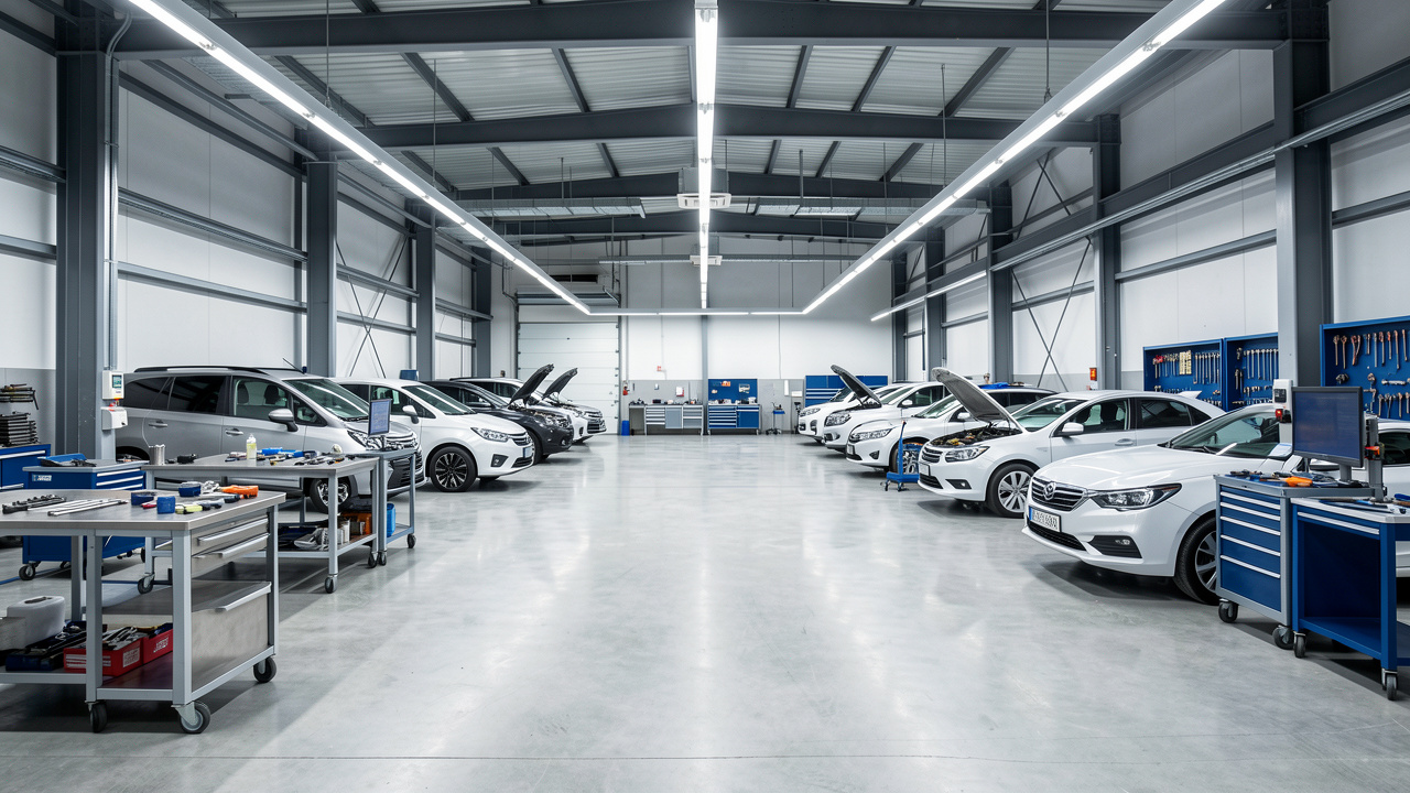 Atelier moderne de maintenance automobile avec plusieurs véhicules, des établis métalliques bien organisés et des chariots mobiles sous une lumière industrielle.