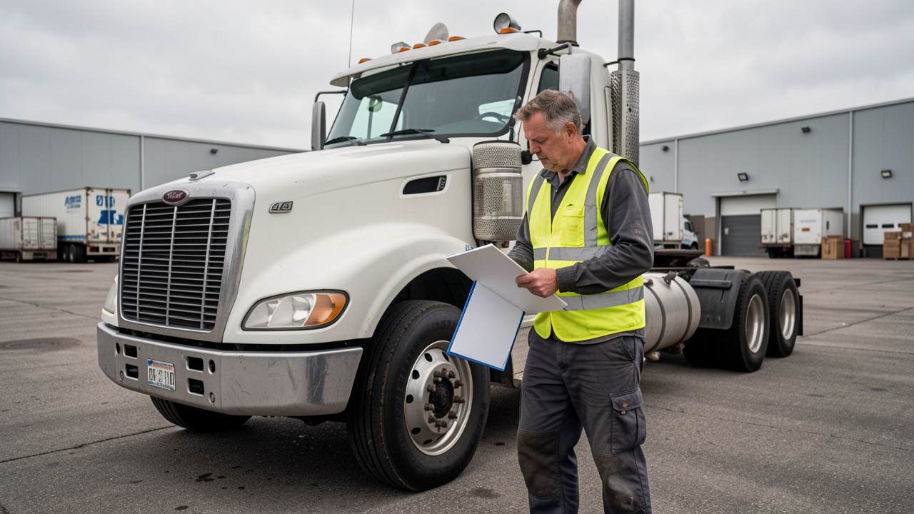 Tracteur routier d’occasion stationné sur une aire logistique, inspecté visuellement par un homme en gilet haute visibilité tenant un dossier d’entretien vierge.