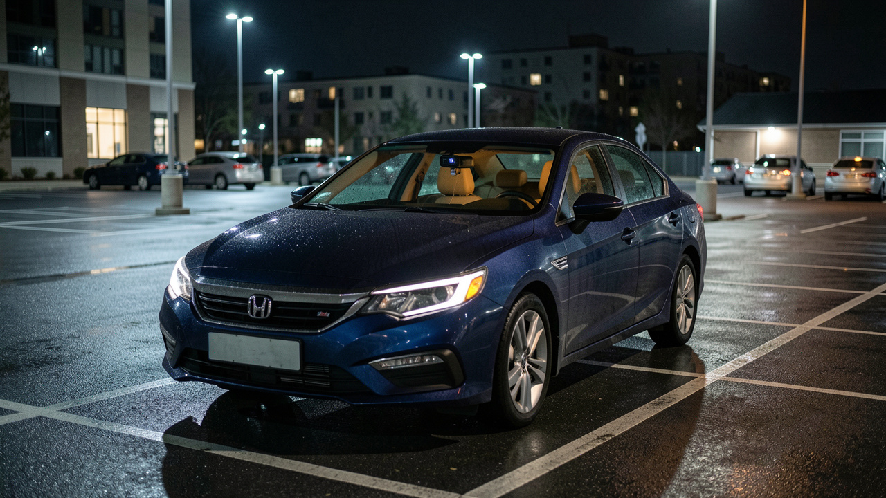 Voiture moderne bleu foncé stationnée de nuit sur un parking urbain, avec une dashcam visible derrière le pare-brise et un éclairage réaliste.