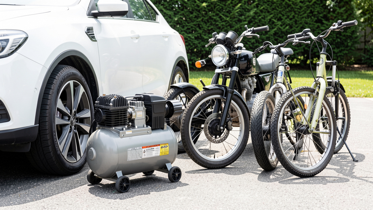 Compresseur d’air portable compact posé près d’une voiture, d’une moto et d’un vélo, avec les pneus visibles dans une scène extérieure lumineuse.