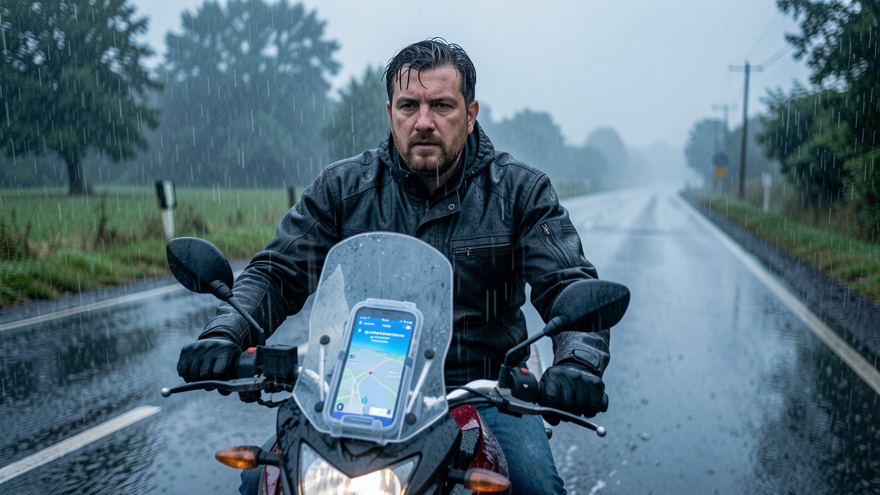 Un homme à moto roule prudemment sous une forte pluie sur une route départementale, avec un smartphone protégé dans un support étanche fixé au guidon.